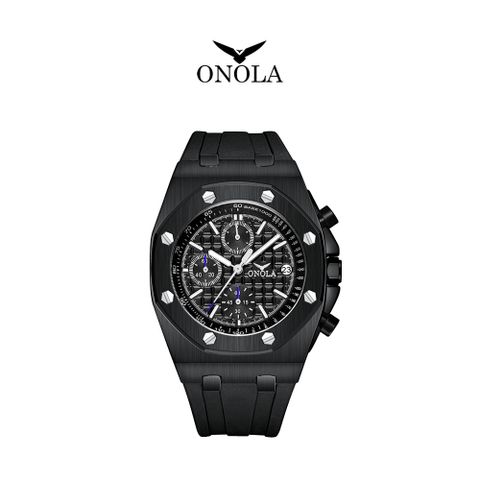 ONOLA 義大利品牌 全黑剛正三眼橡膠腕錶-ON6806