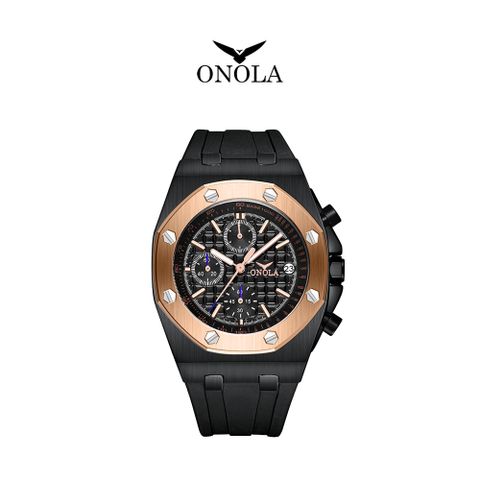 ONOLA 義大利品牌 黑玫剛正三眼橡膠腕錶-ON6806