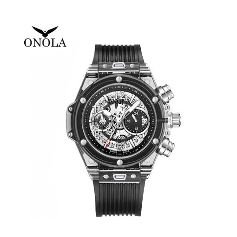 ONOLA 義大利品牌 八角鏤空黑銀透明運動時尚男錶-ON6812