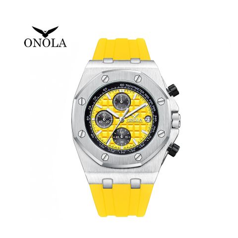 ONOLA 義大利品牌 剛正三眼黃橡膠腕錶-ON6806
