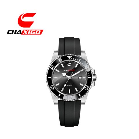 美國芝加哥品牌 喬格CHAXIGO 經典時尚日期窗水鬼橡膠時尚腕錶-銀黑