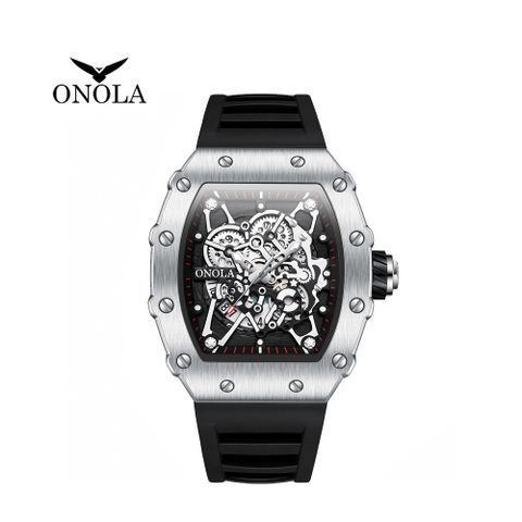 ONOLA 義大利品牌 銀黑鏤空設計酒桶造型個性時尚男錶-ON3827