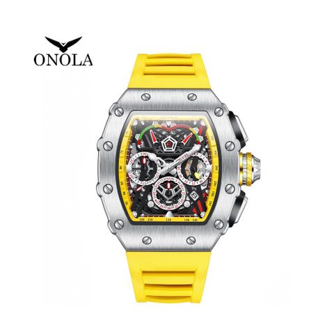 ONOLA 義大利品牌 銀框黃帶酒桶造型個性時尚真三眼男錶-ON6827