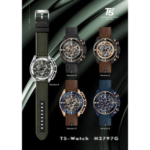 【T5】-H3797G-美國潮牌時尚流行表-單向旋轉齒框造型真三眼石英-帆布表帶手錶