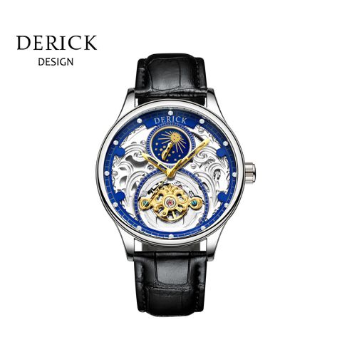 義大利品牌 德理克 DERICK精緻雕花簍空自動上鍊機械紺青面皮帶腕錶
