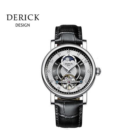義大利品牌 德理克 DERICK經典菱格日月星辰自動上鍊機械銀黑皮腕錶