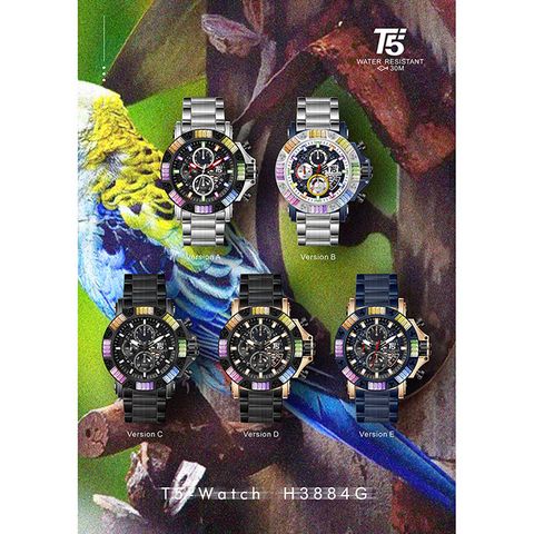 【T5】-H3884G-美國潮牌時尚流行表-夏日限定彩色晶鑽IP電鍍表框真三眼石英-不銹鋼表帶手錶