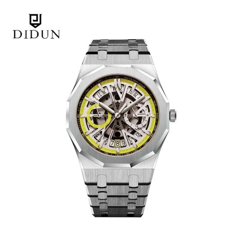 迪頓 DIDUN 英國品牌時尚精粹簍空機械鋼腕錶-檸檬黃
