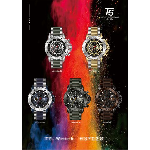 【T5】-H3702G-美國潮牌時尚流行表-厚圈口框飾螺絲造型真三眼石英-不銹鋼表帶手錶