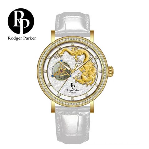 英國輕奢品牌 Rodger Parker 羅杰帕克 祥龍瑞氣奢華鑲鑽機械錶-金白白皮
