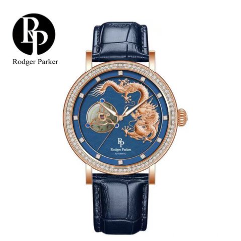 英國輕奢品牌 Rodger Parker 羅杰帕克 祥龍瑞氣奢華鑲鑽機械錶-玫藍藍皮