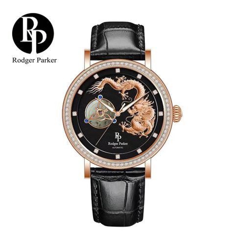 英國輕奢品牌 Rodger Parker 羅杰帕克 祥龍瑞氣奢華鑲鑽機械錶-玫黑黑皮