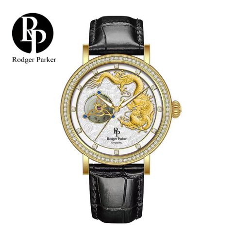 英國輕奢品牌 Rodger Parker 羅杰帕克 祥龍瑞氣奢華鑲鑽機械錶-金黑黑皮