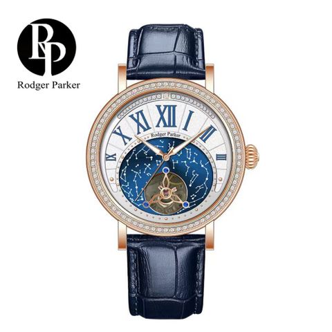 英國輕奢品牌 Rodger Parker 羅杰帕克斗轉星移奢華鑲鑽機械錶-玫藍藍皮
