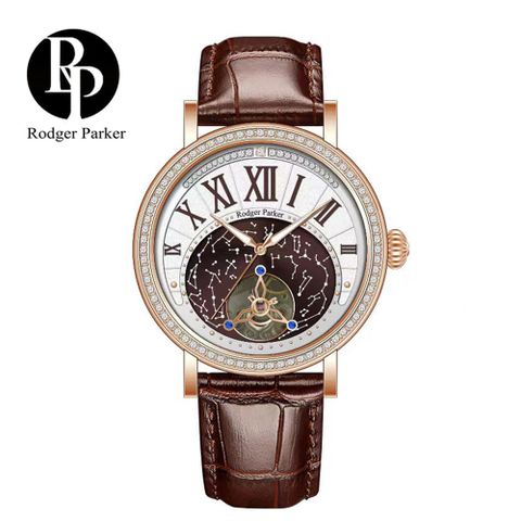 英國輕奢品牌 Rodger Parker 羅杰帕克斗轉星移奢華鑲鑽機械錶-玫咖咖皮