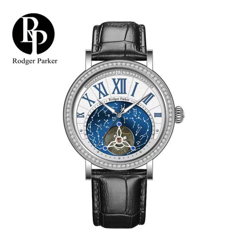 英國輕奢品牌 Rodger Parker 羅杰帕克斗轉星移奢華鑲鑽機械錶-銀藍黑皮