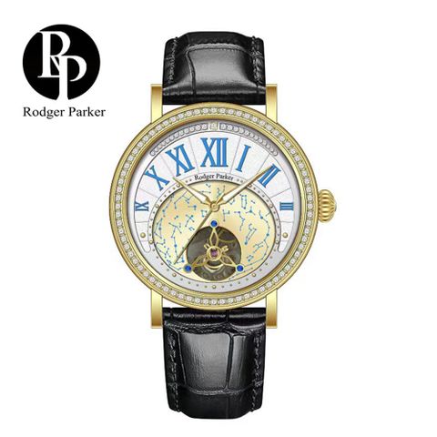 英國輕奢品牌 Rodger Parker 羅杰帕克斗轉星移奢華鑲鑽機械錶-金白黑皮