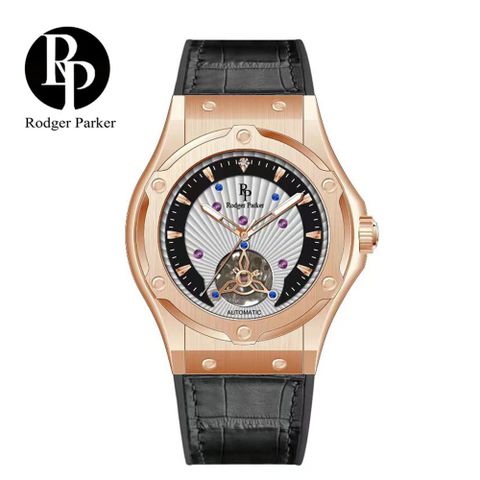 英國輕奢品牌 Rodger Parker 羅杰帕克馬蹄鐵鑲鑽簍空商務機械錶-玫黑皮