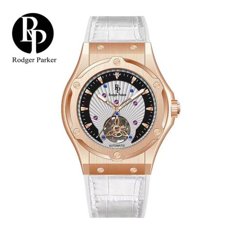 英國輕奢品牌 Rodger Parker 羅杰帕克馬蹄鐵鑲鑽簍空商務機械錶-玫白皮