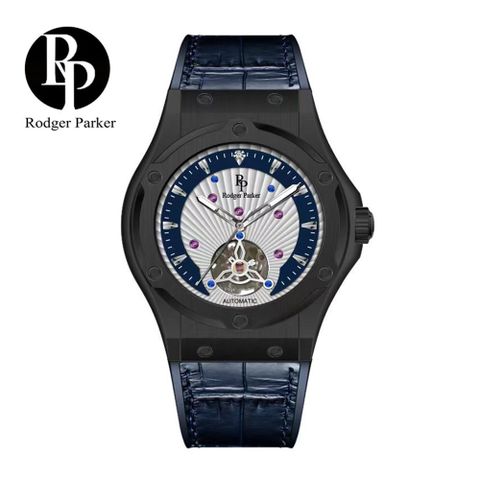 英國輕奢品牌 Rodger Parker 羅杰帕克馬蹄鐵鑲鑽簍空商務機械錶-黑藍皮