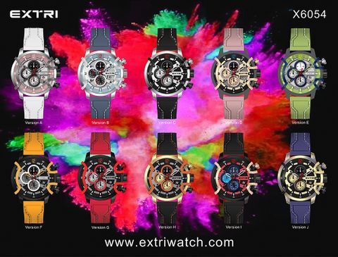 【EXTRI】-X6054-美國潮牌時尚流行表-金屬飾條圈框/金屬層次造型面板/真三眼石英-矽硅膠表帶手錶