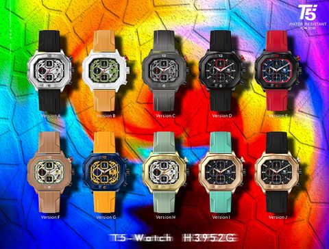 【T5】-H3952G-美國潮牌時尚流行表-八角方形錶殼/堆疊層次設計面版/真三眼石英-矽硅膠表帶手錶