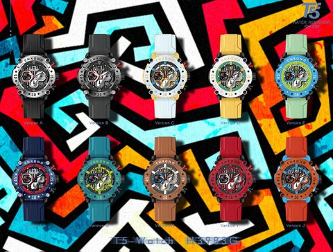 【T5】-H3983G-美國潮牌時尚流行表-春夏限定繽紛色彩殼飾4角螺絲厚框真三眼石英-矽硅膠表帶手錶