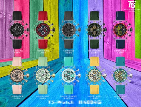 【T5】-H4004G-美國潮牌時尚流行表-清爽果凍感透明塑料殼組真三眼石英-矽硅膠表帶手錶