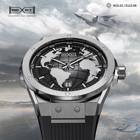 【BEXEI】貝克斯 世界地圖戰鬥機指針藍寶石自動機械錶-9136