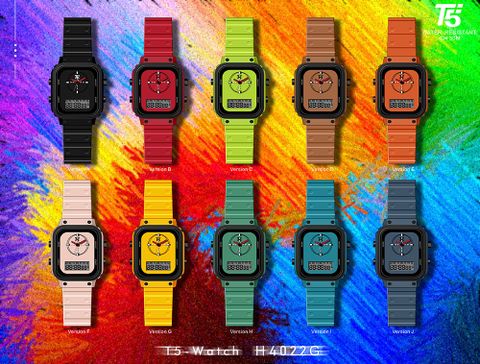 【T5】-H4022G-美國潮牌時尚流行表-夏日繽紛多彩方形石英+數位雙顯-矽硅膠表帶手錶