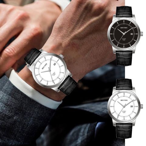 RHYTHM 麗聲 極簡設計簡約乾淨日期顯示皮革手錶-GS1601