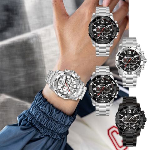 RHYTHM 麗聲 高級時尚三針三眼多色堆疊日期顯示不鏽鋼手錶-S1408S