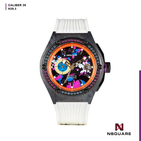 【NSQUARE】【愛時】MultiColored 多彩多姿 系列 碳纖維 藍寶石玻璃 自動機械錶 躍動白 G0543-N39.3