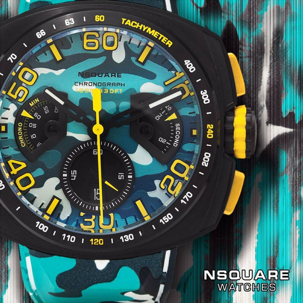  【NSQUARE】【愛時】NICK CHRONO CAMO迷彩系列 迷彩活力 潮水藍 橡膠運動風腕錶 計時三眼 G0369-N20.4