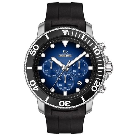 【Richard Rich】愛時 RR 陶瓷三眼系列 海洋之星漸層藍面三針三眼陶瓷圈潛水計時矽膠腕錶
