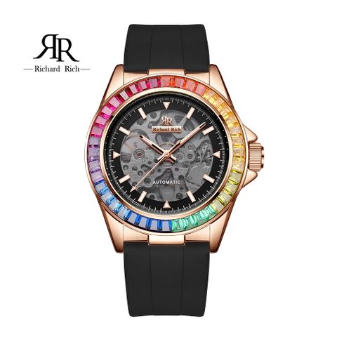 【Richard Rich】愛時 海軍上將系列 玫金彩鑽圈縷空錶盤自動機械氟矽膠腕錶