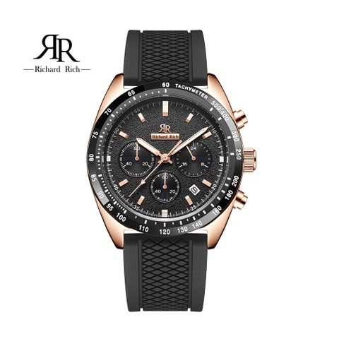【Richard Rich】【WangT】RR 星際霸主系列 玫金殼黑面計時三眼陶瓷圈隕石面矽膠腕錶