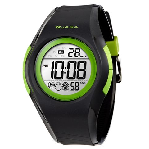 【JAGA 捷卡】【WANgT】多功能螢光色兩地時間鬧鈴報時碼錶冷光防水運動電子錶 黑綠 M984-AF