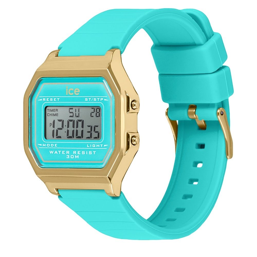 ICE-WATCH 【Ice Watch】ICE DIGIT RETRO系列 復古金框矽膠電子錶 32mm-藍綠色