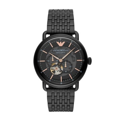 【EMPORIO ARMANI】Aviator 飛行者鏤空機械手錶 黑色不鏽鋼錶帶/43MM/AR60025