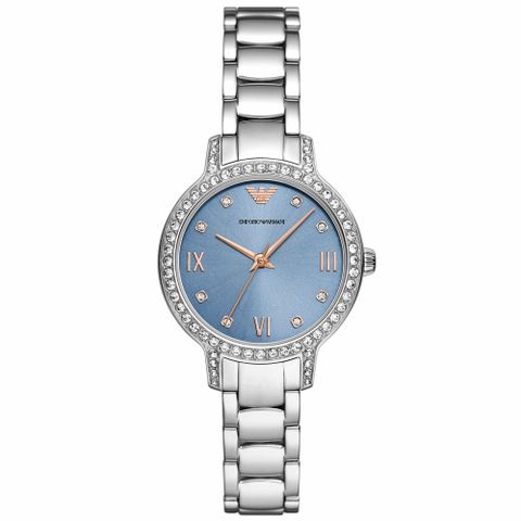 【EMPORIO ARMANI】亞曼尼 公司貨 Cleo 晶鑽優雅不鏽鋼腕錶/銀x藍面(AR11585)