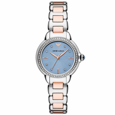 【EMPORIO ARMANI】亞曼尼 公司貨 Mia 晶鑽優雅之選雙色不鏽鋼腕錶/銀x藍面(AR11597)