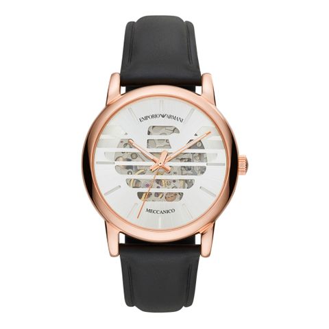 EMPORIO ARMANI Meccanico系列王者之風機械腕錶-玫瑰金X黑皮帶
