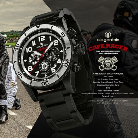 elegantsis 愛樂時 Cafe Racer 新咖啡騎士三眼計時手錶-黑 ELJR23QS-TONUP-VB01MA