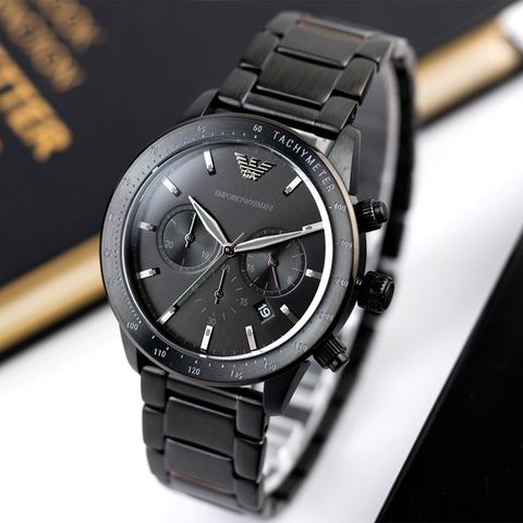 【ARMANI】亞曼尼 公司貨 鐵黑騎士時尚不鏽鋼腕錶/黑(AR11242)