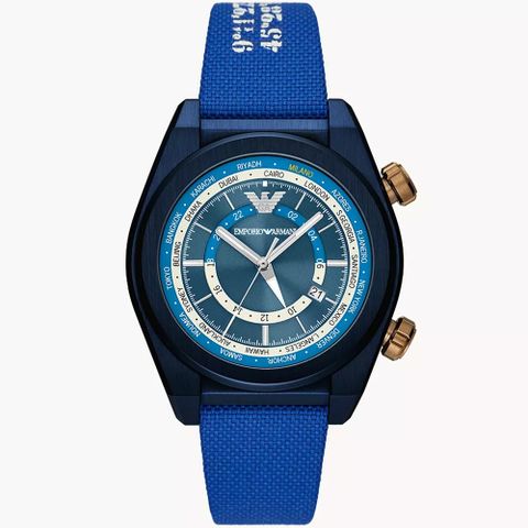 女神節▼原廠公司貨EMPORIO ARMANI 亞曼尼 雙時區蔚藍帆布手錶-43mm AR11564