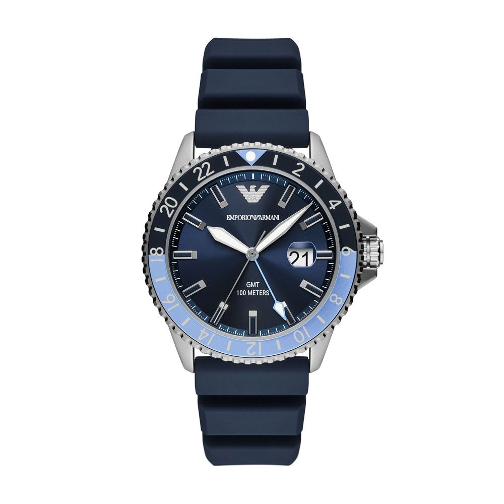 ARMANI 亞曼尼 EMPORIO  機密特務GMT時尚腕錶-銀X藍