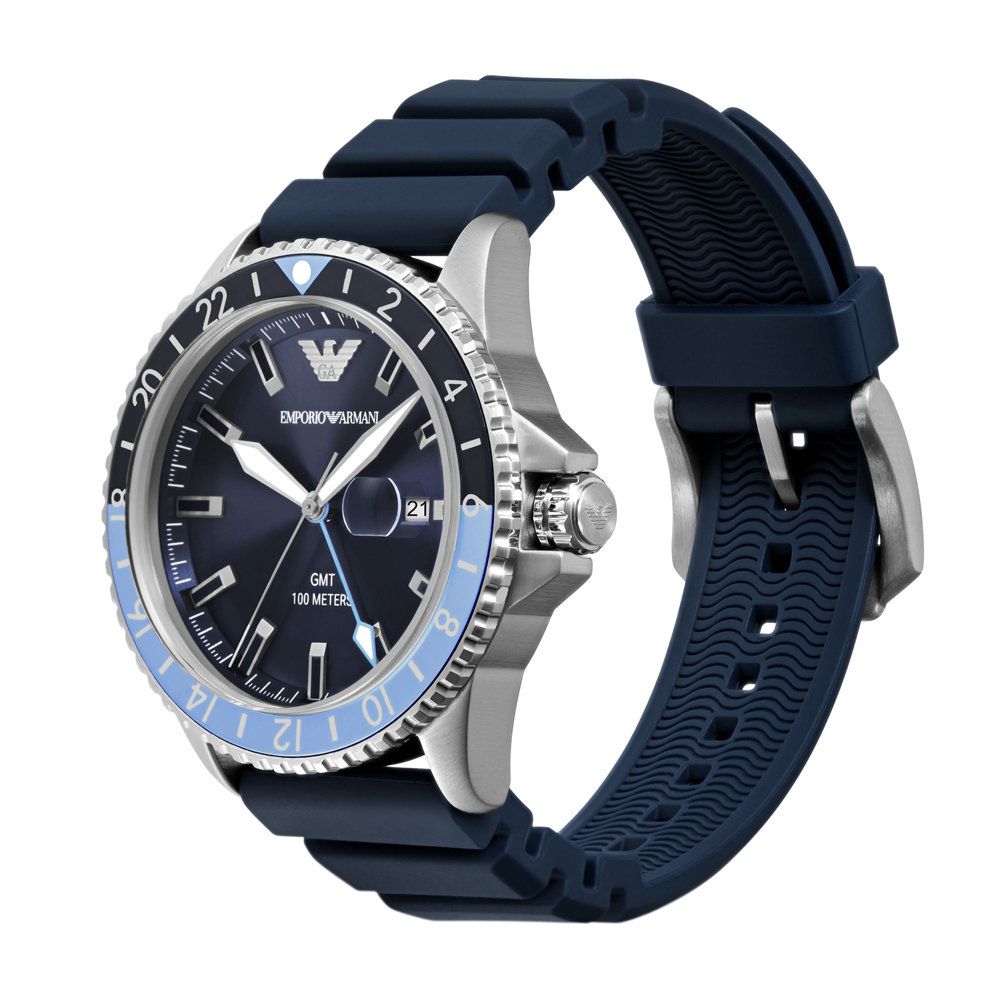 ARMANI 亞曼尼 EMPORIO  機密特務GMT時尚腕錶-銀X藍