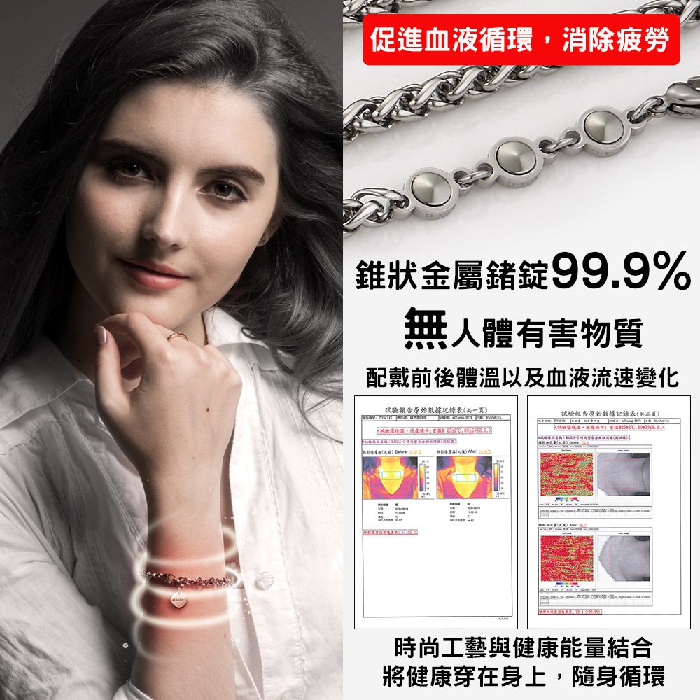 促進血液循消除疲勞錐狀金屬錠99.9無人體有害物質配戴前後體以及血液流速變化報告原始數據記錄表共   報告原始數據記錄表(共二頁試驗環境溫, 試驗環%() 時尚工藝與健康能量結合將健康穿在身上,隨身循環
