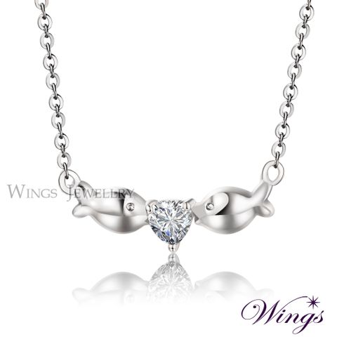 Wings 芸詩 愛戀親吻魚 精鍍白K金方晶鋯石項鍊 NW200